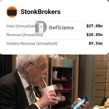 The image features the "StonkBrokers" logo and DefiLlama stats showing $27.08M in annual fees, $20.85M in revenue, and $9.54M in holders revenue, with the iconic "Bernie Sanders drinking soda" meme at the bottom humorously reacting to these impressive DeFi protocol metrics.