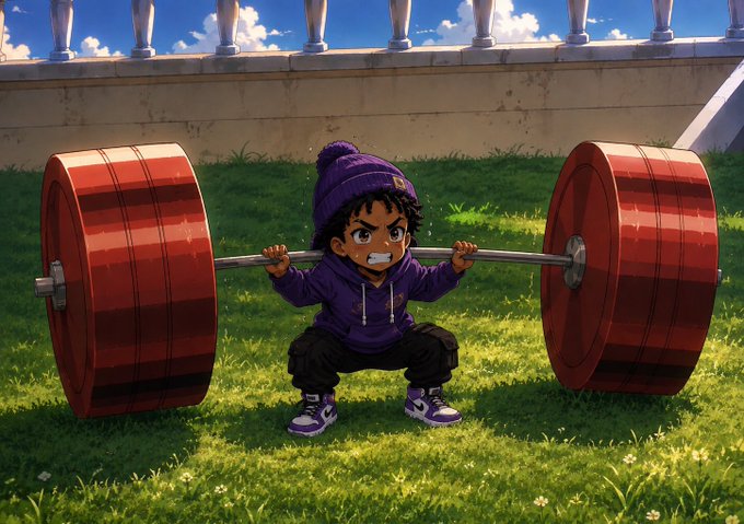 An anime-style illustration of a small child in a purple hoodie and beanie lifting a heavy barbell with large red weight plates, set on a grassy field.