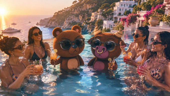 AI-generated image of two cartoon bears wearing sunglasses and small hats in a swimming pool, surrounded by women in bikinis holding cocktails, set against a coastal cliffside backdrop.