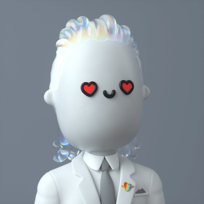 A 3D rendered white character with rainbow-colored hair wearing heart-shaped eyes and a white suit with a small heart pin.