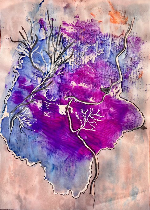 An abstract mixed-media artwork features vibrant purple, blue, and pink hues with raised, textured lines resembling branches or veins traversing the canvas.