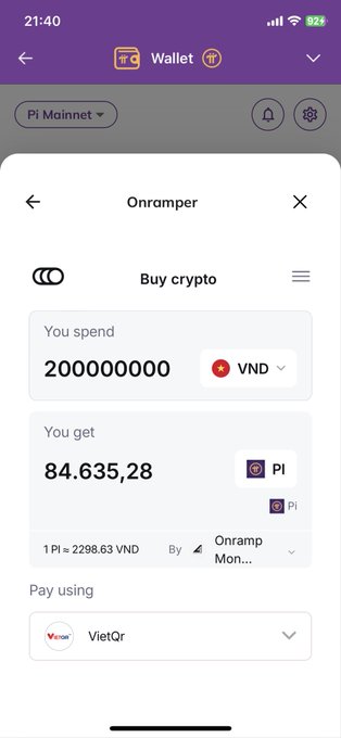 The image shows the Pi Wallet Onramp feature allowing users to buy Pi cryptocurrency using Vietnamese Dong (VND), spending 200,000,000 VND to acquire 84.635,28 PI at a rate of 1 PI ≈ 2298.63 VND via VietQR payment. This directly illustrates the post's message about purchasing Pi directly through a bank account to use for investing or swapping to other tokens.