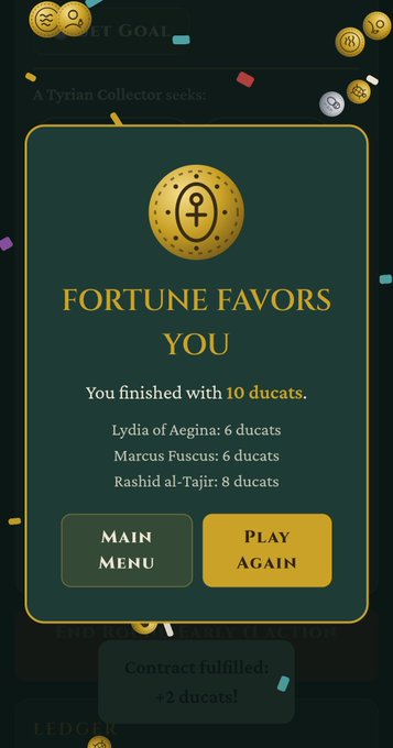 A mobile game results screen displays "FORTUNE FAVORS YOU" with the player finishing with 10 ducats, ahead of Lydia, Marcus, and Rashid.
