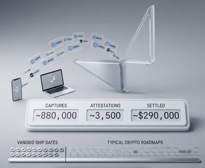 A 3D-rendered infographic shows USDC stablecoin tokens flowing from a smartphone and laptop into a large arrow above a dashboard displaying 'CAPTURES ~880,000', 'ATTESTATIONS ~3,500', and 'SETTLED ~$290,000', with checkmarks under 'VANGRID SHIP DATES' on the bottom left.