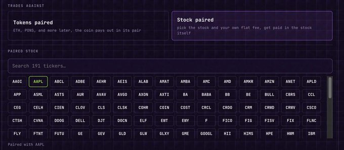 A dark-themed crypto trading interface shows 'Tokens paired' and 'Stock paired' options, with a ticker search field displaying 'Search 191 tickers...' and a grid of stock symbols with 'AAPL' selected.