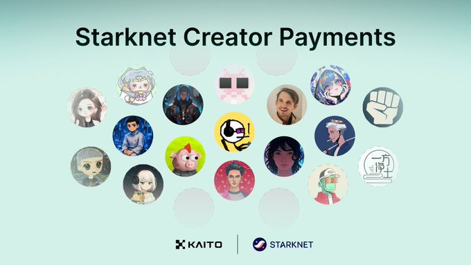 A light green slide titled 'Starknet Creator Payments' displaying a circular arrangement of diverse profile pictures and avatars, with KAITO and STARKNET logos at the bottom.