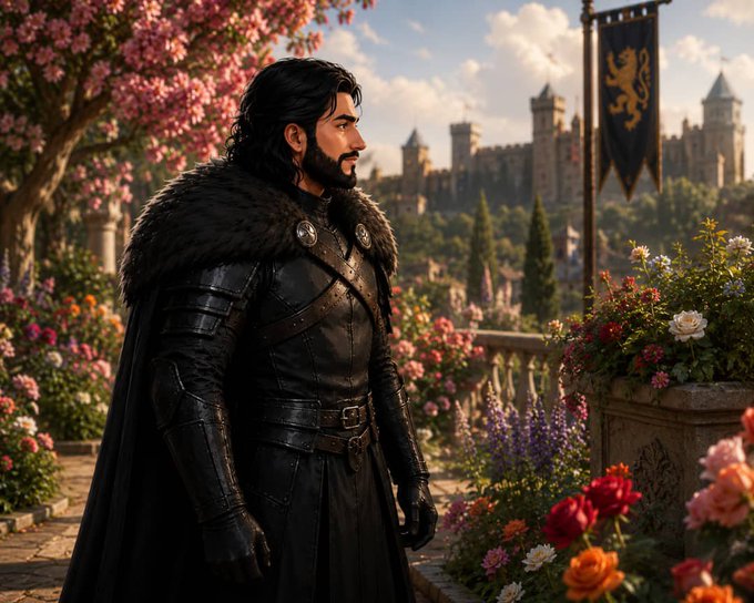 An AI-generated fantasy illustration of a bearded man in dark medieval armor with a fur cloak standing in a garden, with a castle and lion banner visible in the background.