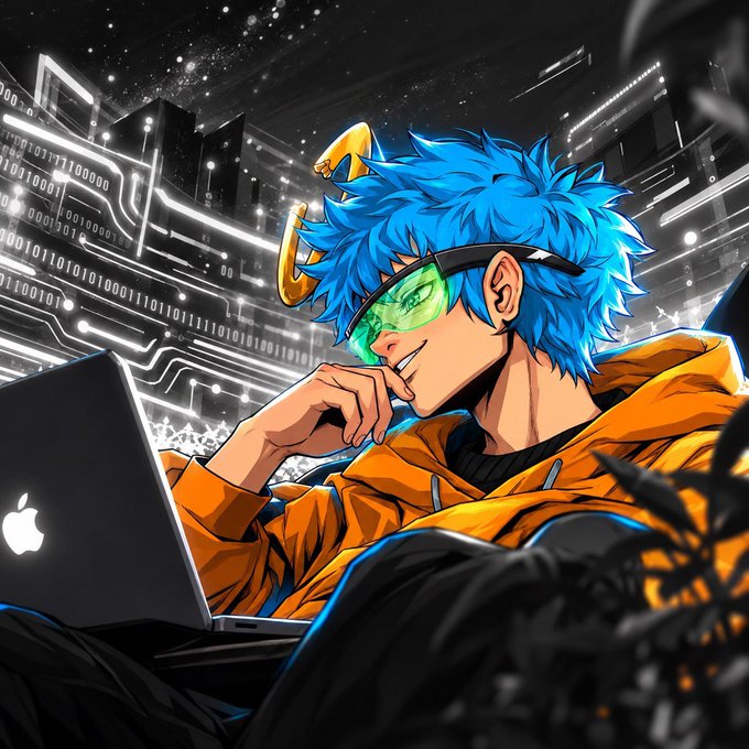 An anime-style illustration of a character with spiky blue hair, green glasses, and an orange hoodie using an Apple laptop, set against a digital background with binary code.