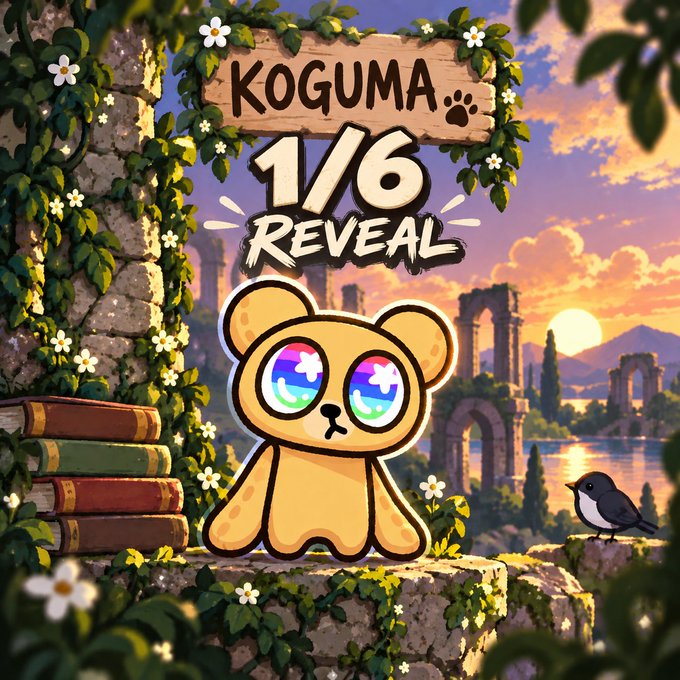 An illustrated promotional image labeled 'KOGUMA 1/6 REVEAL,' featuring the same cute tan bear character with rainbow eyes standing on a stone ledge next to books, with a sunset and ancient ruins in the background.