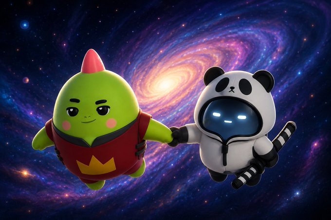 Two 3D cartoon characters, a green creature in red armor and a robot in a panda suit, hold hands while floating in a vibrant space scene with a swirling spiral galaxy.