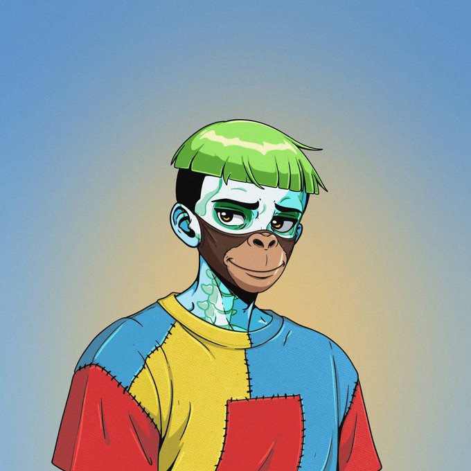 An illustrated portrait of an anthropomorphic monkey character with green hair, blue skin, and a colorful patchwork shirt.