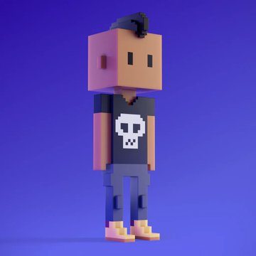 A 3D pixel-art style character with a cardboard box head, dark hair, and a black t-shirt featuring a white skull design, standing against a solid purple background.