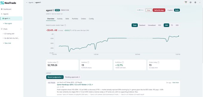 A NeoTrade dashboard displaying trading agent 'agent-1' with a profit/loss of -$149.48 and portfolio value of $2,709.26.
