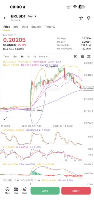 A trading app screenshot shows BRUSDT (Perp) on the Bedrock market with a steep 25.14% loss, dropping to a last price of 0.20205 from a 24h high of 0.27500, illustrating the sharp 10%+ intraday dump referenced in the post. The candlestick chart visualizes the hard sell-off, reinforcing the caption's message about honoring stop-losses to preserve capital after a failed trade.