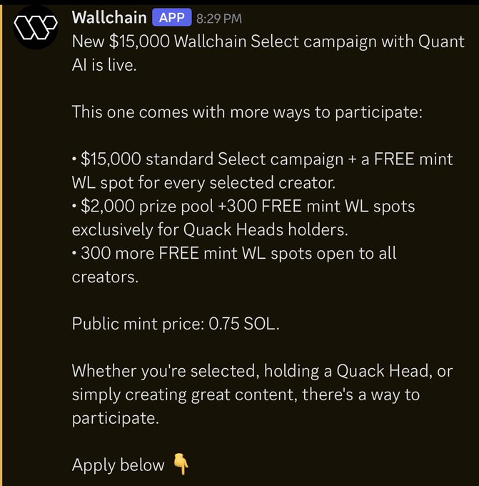 A Slack message from the Wallchain app announcing a new $15,000 Wallchain Select campaign in partnership with Quant AI, featuring a $2,000 prize pool, 600 free mint WL spots, and a public mint price of 0.75 SOL. The post highlights another Wallchain campaign opportunity, this time offering multiple participation tiers for selected creators, Quack Heads holders, and general creators.