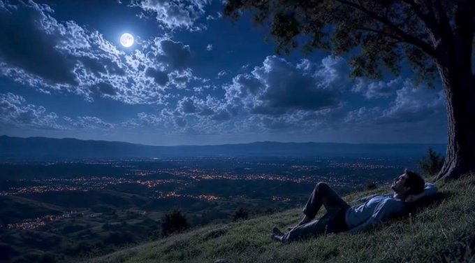A digital artwork of a person relaxing against a tree on a grassy hilltop, looking up at a full moon in a cloudy night sky above a valley lit with city lights.
