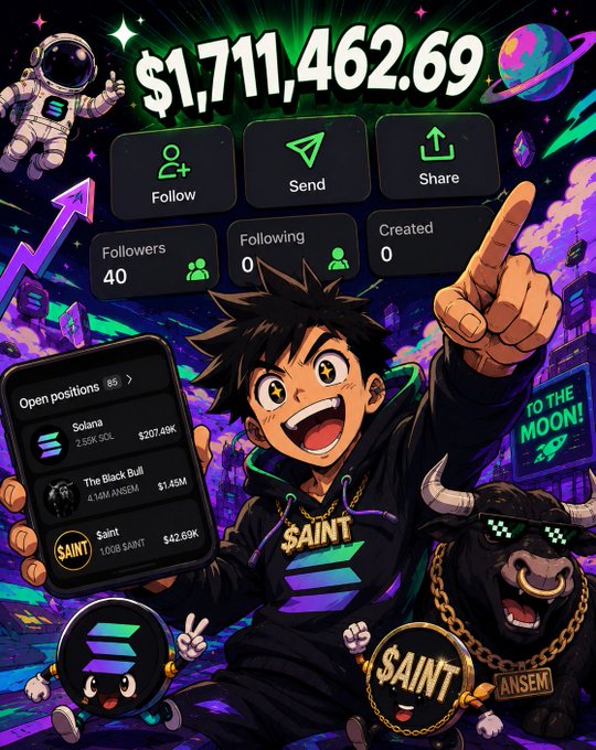 This vibrant illustration shows a character pointing at a phone screen displaying Solana and other crypto positions totaling over $1.7 million, with the words "$SAINT" and the Solana logo prominent. The image visually represents the excitement and potential of cryptocurrency investments, likely tied to a giveaway or promotion involving $SOL.