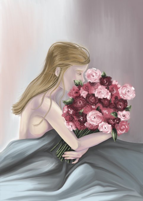 A digital painting depicting a young woman with long blonde hair, eyes closed, hugging a large bouquet of pink, red, and burgundy ranunculus flowers against a soft curtain background.