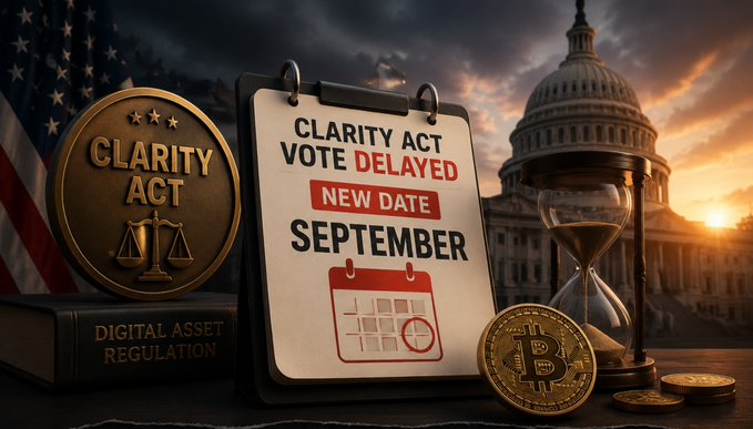 An AI-generated graphic showing a 'CLARITY ACT VOTE DELAYED' calendar with a new date of September, accompanied by a 'CLARITY ACT' coin, a 'DIGITAL ASSET REGULATION' book, an hourglass, and a Bitcoin coin against a backdrop of the US Capitol.