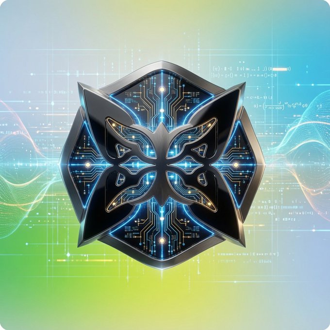 A futuristic hexagonal emblem featuring a butterfly-like circuit board design glows in electric blue against a gradient background of green, yellow, and blue, symbolizing QUIP's advanced post-quantum cryptographic technology deployed across multiple blockchain networks. Faint mathematical equations and wave patterns surround the central design, reinforcing themes of cutting-edge encryption and quantum protection.