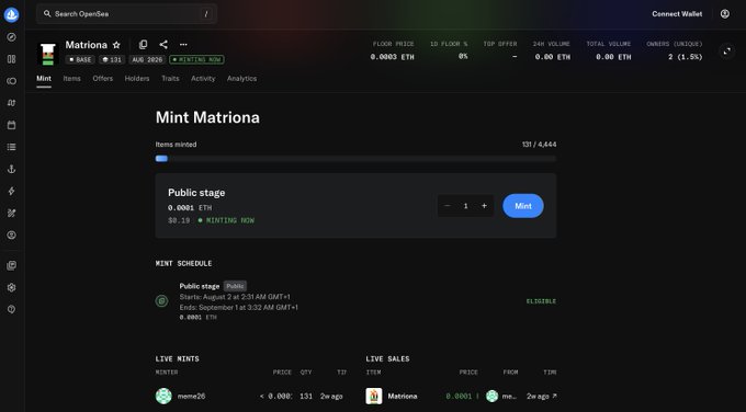 A screenshot of the OpenSea NFT marketplace interface showing a "Mint Matriona" page with a public mint stage at 0.0001 ETH, indicating 131 of 4,444 items minted and a live mint schedule.