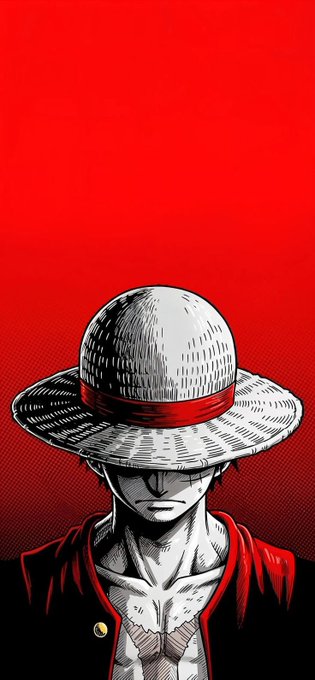 An anime-style illustration of a character wearing a straw hat with a red band, set against a bright red background.