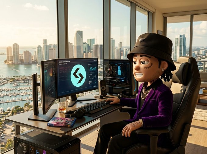 A cartoon-style 3D character wearing a black Prada bucket hat and purple blazer sits at a gaming/computer setup with dual monitors in a high-rise apartment overlooking a city skyline.