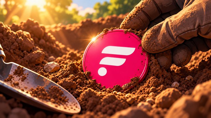 A gloved hand unearths a glowing pink Flare ($FLR) token coin from the dirt with a small shovel, symbolizing the discovery of a hidden gem. The unearthed coin visually reinforces the post's message that $FLR is an overlooked treasure for the upcoming bull market.