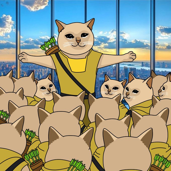 The image depicts a group of cat characters in yellow outfits, with one central cat leader standing with arms outstretched overlooking a city skyline, while holding a quiver of arrows. The visual parallels the post's rallying cry for the "$CASHCAT" meme contest, portraying the "CashCat army" assembling under their leader with conviction and a clear mission to take the token to the top.