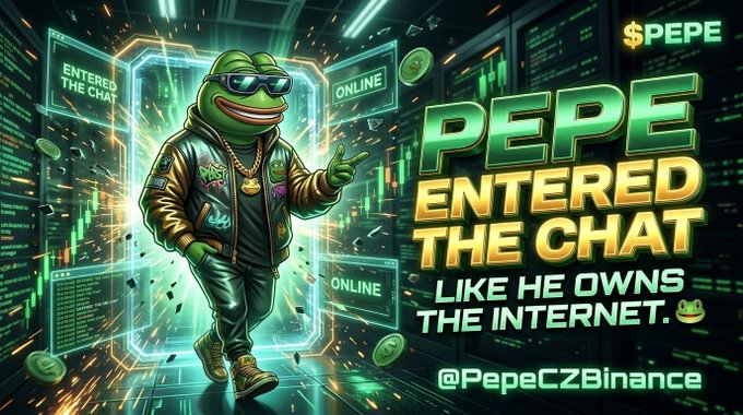 A vibrant digital illustration of Pepe the Frog wearing sunglasses and a gold chain, with the bold text "PEPE ENTERED THE CHAT LIKE HE OWNS THE INTERNET" and the handle "@PepeCZBinance" against a tech-themed background.