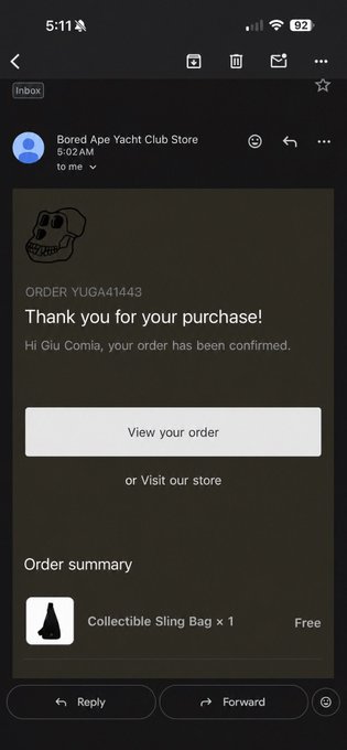 A screenshot of an email confirmation from Bored Ape Yacht Club Store (order YUGA41443) showing a free "Collectible Sling Bag" purchase, illustrating the grail bag secured for free as mentioned in the post.