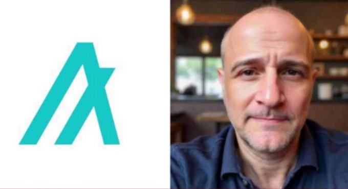 A split image showing the teal Algorand (ALGO) cryptocurrency logo on the left and a photo of a bald man in a blue collared shirt on the right.