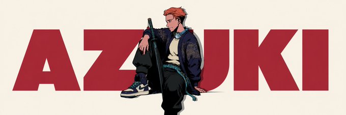 Anime-style illustration of a red-haired character in a dark jacket and high-top sneakers sitting casually against the bold red 'AZUKI' logo.