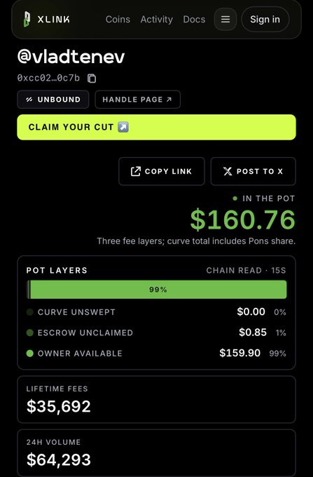 A mobile screenshot of the XLINK app showing the profile @vladtenev (address 0xcc02...0c7b) with a pot of $160.76, pot layers at 99%, $35,692 in lifetime fees, and $64,293 in 24H volume.