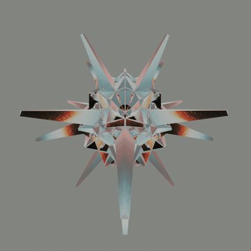 A 3D rendered spaceship model with a star/snowflake-like angular design featuring blue and orange-red accents against a gray background.
