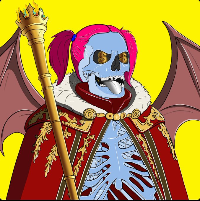 A cartoon illustration of a blue-skinned skeleton with pink pigtails wearing a red royal cape with gold trim, holding a golden scepter, and featuring dollar signs in its eyes against a yellow background.