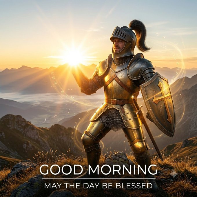 A digital illustration of a knight in shining armor holding a glowing shield and a sword at sunrise, with text 'GOOD MORNING' and 'MAY THE DAY BE BLESSED'.