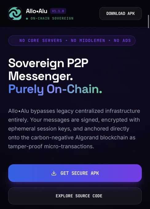 A promotional webpage for Allo•Alu, a sovereign P2P messenger labeled 'On-Chain Sovereign' and 'Purely On-Chain,' advertising a downloadable APK.