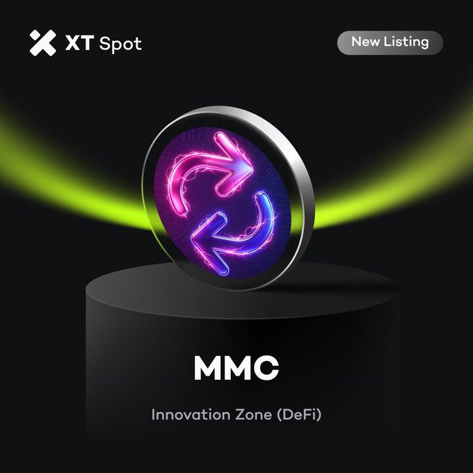 xt.com has posted an advertisement with a coin symbol at its center featuring two arrows pointing towards each other, surrounded by purple and pink neon lights, suggesting that this coin represents "MMC" or "MoonSwap", which could be related to an innovation zone or new listing service offering for cryptocurrency trading. The post is set against a black background, and there is text surrounding the image providing information about this particular coin in more detail.