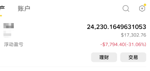 A trading account dashboard showing a balance of 24,230.1649631053 ($17,302.76) with a floating loss of -$7,794.40 (-31.06%) in red, alongside buttons for "理财" (Wealth Management) and "交易" (Trade). The significant unrealized loss of over 31% matches the post's lament about neglect leading to major losses in the spot account.