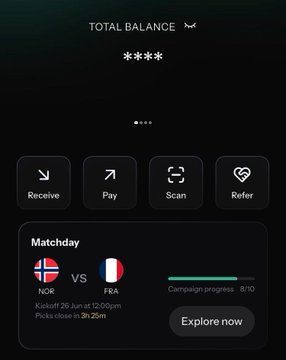 A dark-themed crypto app screen displays a hidden balance above Receive, Pay, Scan, and Refer buttons, alongside a "Matchday" KAST prediction card showing Norway vs France kicking off at 25 Jan at 13:00pm with a "Campaign progress: 8/10" indicator—directly reflecting the poster's 8/10 prediction streak and their stated Norway pick.