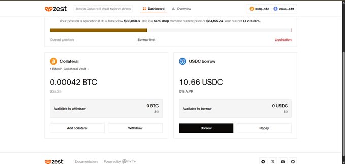 A Zest Bitcoin Collateral Vault dashboard showing a collateralized position of 0.00042 BTC ($35.35), a 10.66 USDC loan at 0% APR, and a liquidation price of $33,858.8.