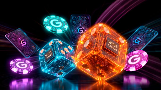 Glowing translucent casino chips and dice branded "WEB3 CASINO" alongside digital tokens marked "G" float against a neon backdrop, visually representing the 10M and 50M "G" token rewards promised through the pi-nicolas.sharker.com/partners program.