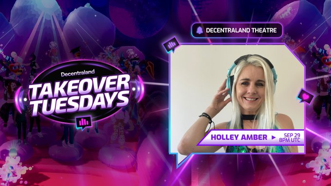 A promotional graphic for Decentraland's "Takeover Tuesdays" event featuring DJ Holley Amber at the Decentraland Theatre on September 29 at 8PM UTC, set against a vibrant purple virtual concert background.