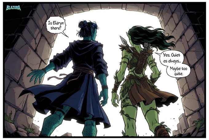 A comic book panel signed 'BLAZURA' showing two characters—one in a blue robe with blue skin and one in green leafy armor—standing in a stone archway. Speech bubbles read: 'Is Elaryn there!' and 'Yes. Quiet as always... Maybe too quite.'