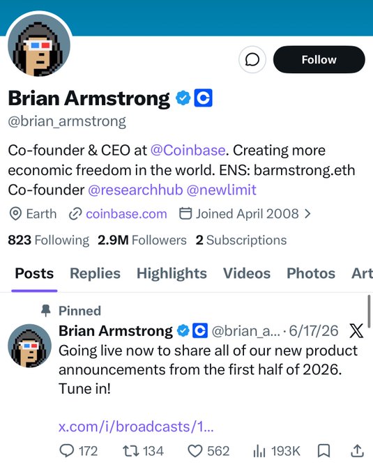A Twitter/X profile page for Brian Armstrong (@brian_armstrong), Co-founder & CEO of Coinbase, showing 2.9M followers and a pinned post from 6/17/26 announcing a live broadcast sharing Coinbase's new product announcements, relating to the post about Armstrong buying an NFT after years of community requests.