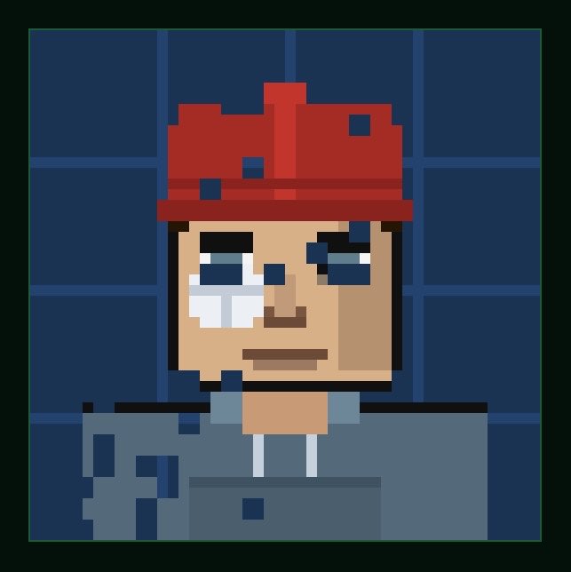 Pixel art portrait of a male character with a red bandana, a metal plate over one eye, and a wide smile, set against a dark blue tiled background.