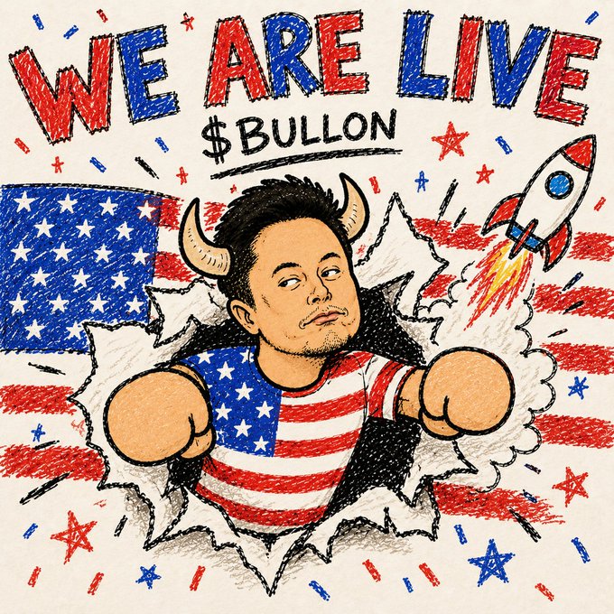 Hand-drawn cartoon illustration with 'WE ARE LIVE $BULLON' text featuring a horned character bursting through an American flag background with a rocket, stars, and confetti decorations.