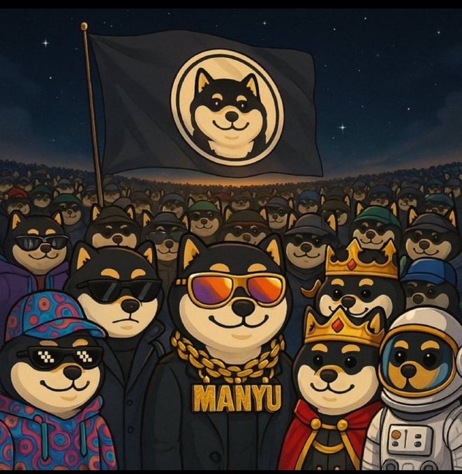 A stylized illustration shows a massive crowd of Shiba Inu characters gathered under a starry night sky, with a black flag bearing the "MANYU" logo raised above them. In the foreground, several prominent Shiba Inu figures stand out—one wearing sunglasses and a gold "MANYU" chain, others dressed in kingly robes, caps, and even an astronaut suit—depicting the $MANYU token as a heroic, iconic meme figure leading its army.
