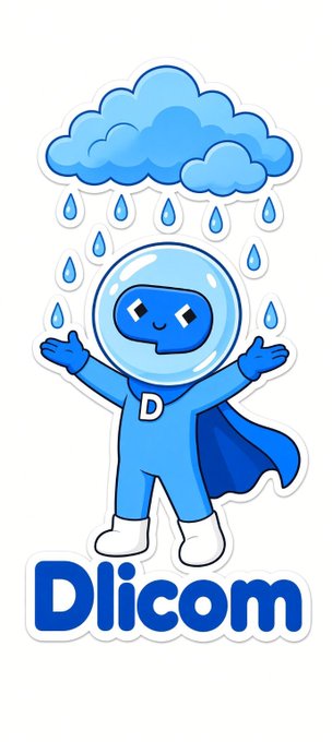 A cartoon mascot illustration for 'Dlicom' featuring a blue superhero-like character with a 'D' on its chest standing under a rain cloud with a smiling face.